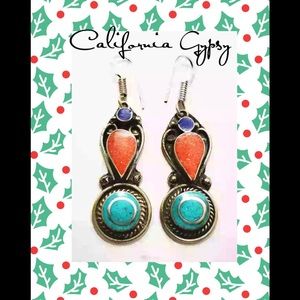 Silver Tibetan Bohemia Coral Turquoise Earrings